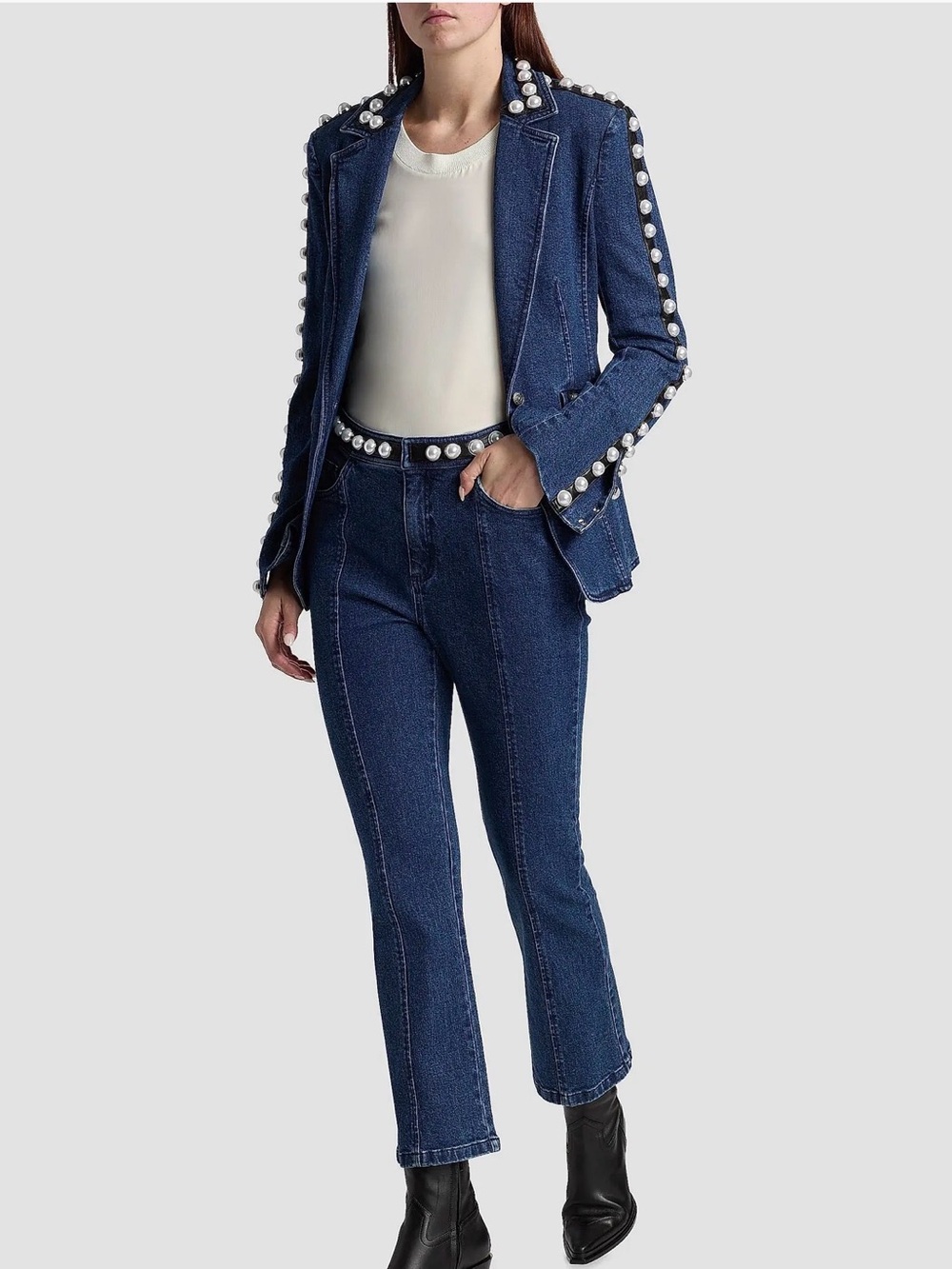 Cinq A Sept shannon High-Rise Dark Blue Flared Jeans Pearl Embellished Waist NEW